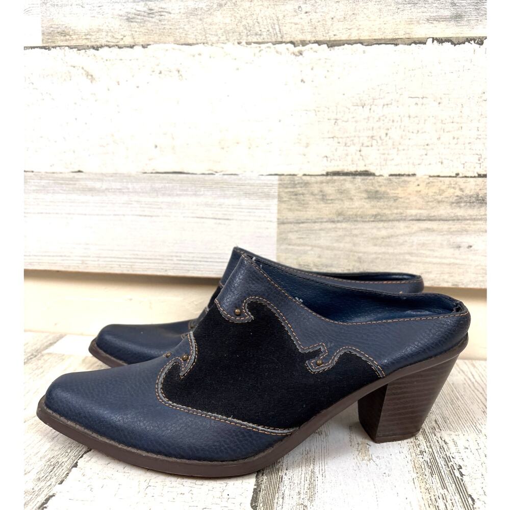 Vintage French Blue Suede Leather Western Mule Heels Womens 7 Y2K Silver Studde
